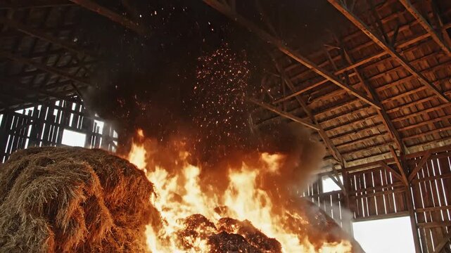 Devastating barn fire: Hay bales ablaze inside a wooden agricultural building, generating intense flames, sparks, and heavy smoke.