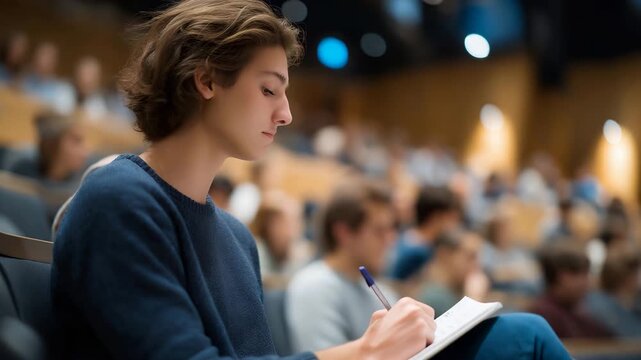 A student sitting near the back of a large lecture hall, quietly focused on handwritten notes as rows of classmates and glowing screens stretch toward the podium. cinematic color correction,