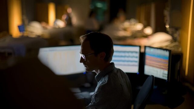 Technician reviewing polysomnography summaries on multiple screens in a dimly lit sleep lab with adjacent bedrooms out of focus in the background.