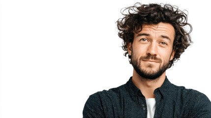 Fototapeta premium Caucasian male adult with curly hair and beard smiling against white background.