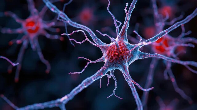Neuron cell branching dendrite structure glowing blue red with axon synapse network nervous system