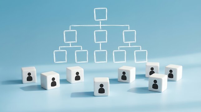 A hand drawn organizational chart with interconnected squares hovers above white cubes displaying human silhouette icons arranged in rows hierarchy business team structure people