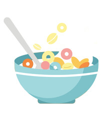 Fototapeta premium Colorful breakfast cereal illustration in a blue bowl with a spoon and floating rings, viewed from the side