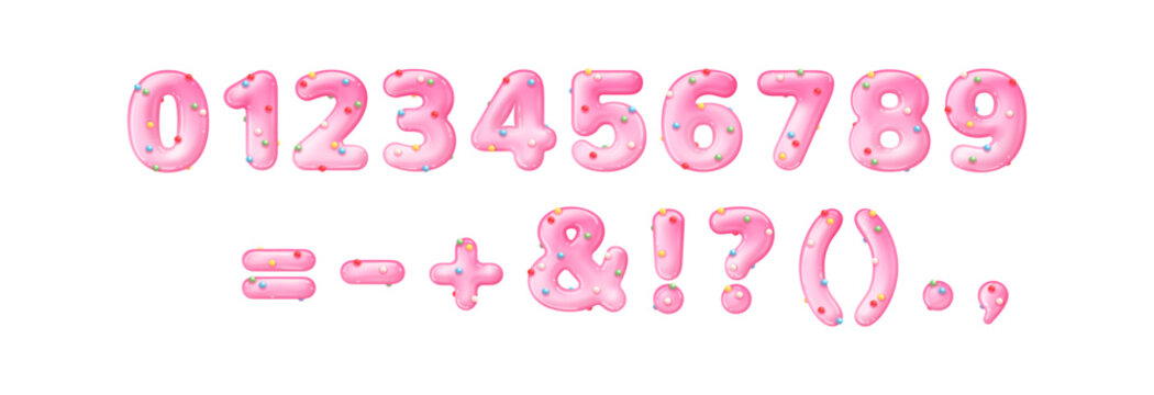Pink donut glazing with colorful abc numbers set. Sweet digits.