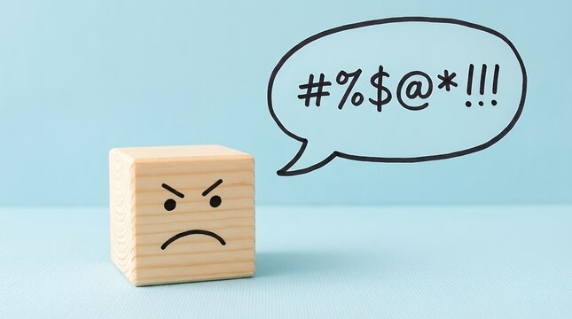 A wooden block with an angry face emoticon expresses frustration with a speech bubble containing censored symbols and exclamation points anger shouting bad mood negativity emotion