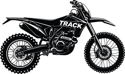 Black and white vector illustration of a detailed modern dirt bike or motocross motorcycle with knobby tires and performance suspension, perfect for racing and extreme sports. © Farzana