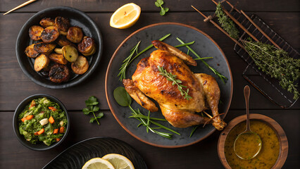 Roasted Chicken Dinner Flat Lay Overhead Shot with Sides and Garnish