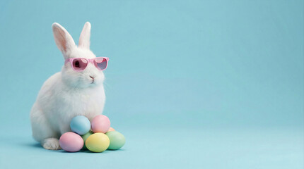 Obraz premium White Rabbit Wearing Pink Sunglasses with Pastel Easter Eggs on Blue Background