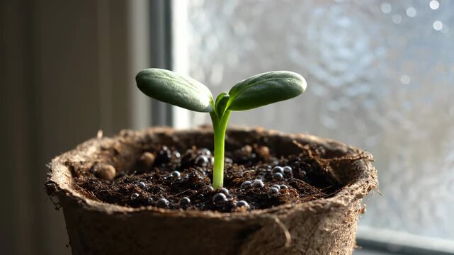 seedling sprout plant in pot with soil on window sill. glass pane contains water droplets and light over damp peat. growth in stem and leaf. green leaf and young root emerging from substrate.