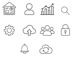 Fototapeta premium Essential UI icon set for apps, dashboards, and web interfaces 12 black line icons for user interface design including dashboard, analytics, cloud, and security 