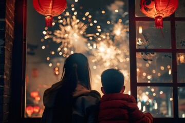 Family watching festive fireworks celebrating chinese new year