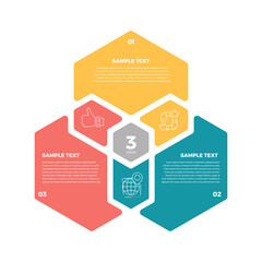 3 points stage template infographic concept for slide presentation with venn hexagon shape triangle structure with 3 point list with flat style. Vector editable 