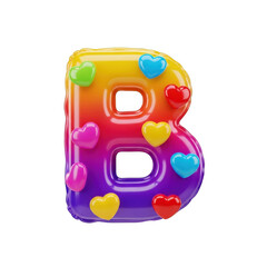 Colorful letter b with hearts isolated on transparent background