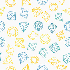 Seamless pattern with geometrical shapes. Various polyhedral figures, dices for rpg tabletop games. Colorful line silhouettes.