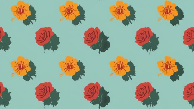 Seamless Floral Pattern Animation with Red Roses and Orange Hibiscus Flowers, Nature Background Motion Loop, Summer Garden