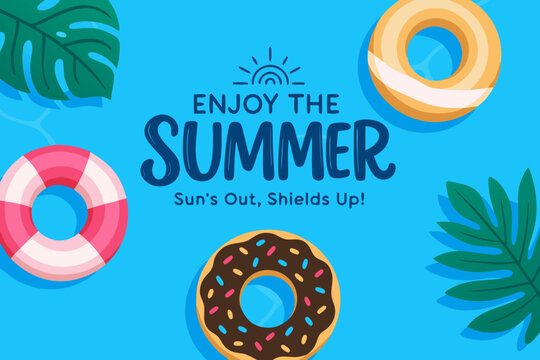 A colorful summer graphic with inflatables and a donut on a blue background