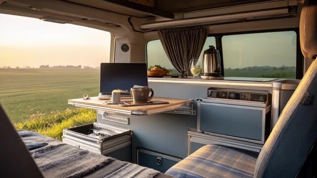 Medium shot highlighting the vans foldout desks and storage units sharply capturing the interior against a softly blurred rural landscape backdrop.
