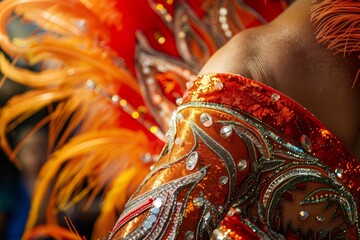 Carnival dancer showcasing vibrant feathery sequined arm costume