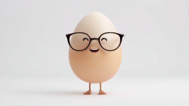 Happy cartoon egg wearing glasses with smiling face and tiny feet.
