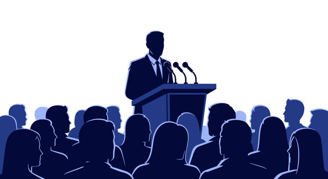 Silhouette Speaker at Podium Addressing Audience, Public Speaking and Presentation Concept