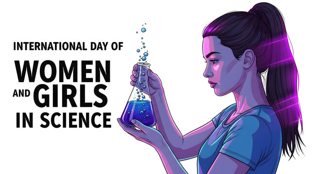 Illustration of a woman in a blue shirt holding a beaker on international day of women and girls in science