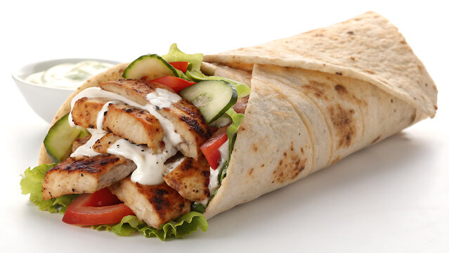 Grilled chicken wrap with fresh vegetables and sauce in whole wheat tortilla close up