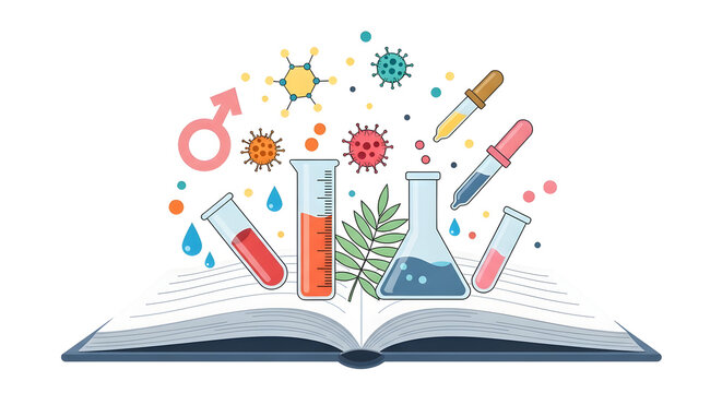 Open book with science and biology illustrations and symbols on white background
