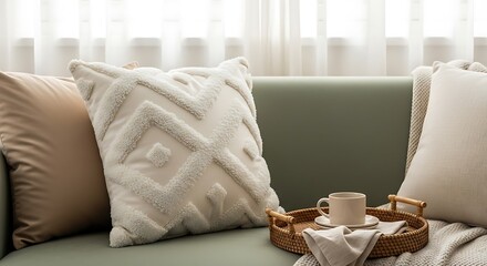 Cozy cushions and a coffee mug on a couch