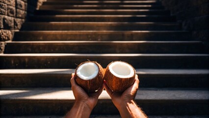 Close-up Hands Crushing Coconuts on Ground gigapixel