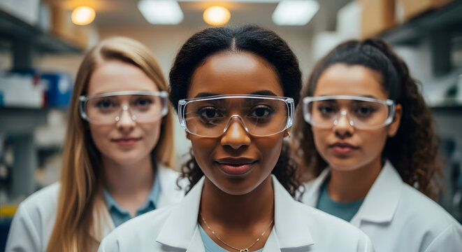 Three diverse female scientists wearing protective eyewear in a laboratory setting with shelves
