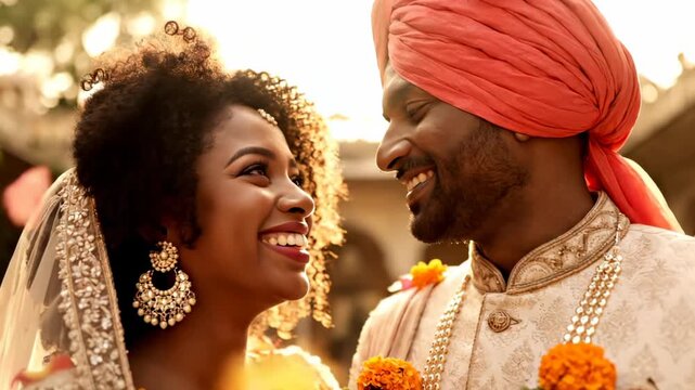 wedding ceremony includes floral garland and ornate turban. veil drapes across embroidered attire. earring and necklace complement jewelry. smile appears amid ritual. portrait presents detail.