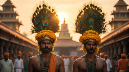 Devotees With Heavy Kavadis Adorned With Peacock Feathers