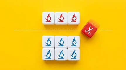 Numerous white cubes with blue and red microscope icons are arranged divided by a dashed line with a red cube featuring scissors positioned nearby science research laboratory technology