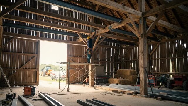 Medium shot of a specialist reinforcing barn rafters with steel supports under natural light blending traditional architecture with advanced repair solutions.