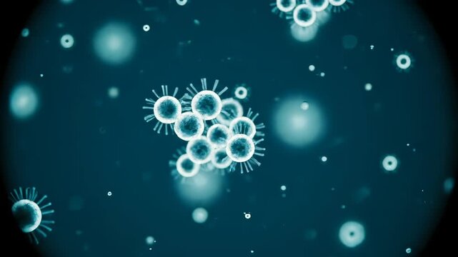 virus particle cell microbe cluster spike membrane sphere biology organism. Circular field containing floating structures. Single and grouped forms present structural variety and spatial distribution.