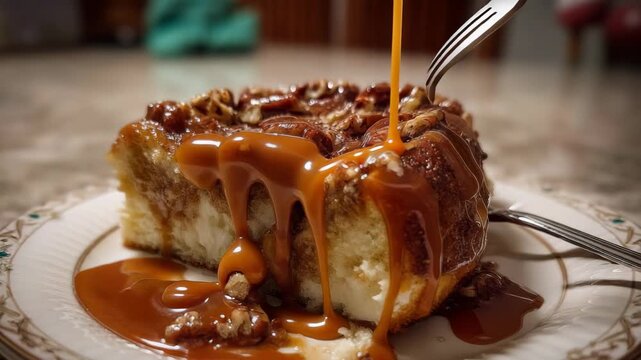 Delicious sticky pecan cinnamon roll drizzled with warm caramel sauce on a plate
