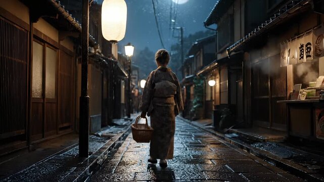 walker moves along wet street under lantern and lamp glow. alley with wooden storefronts lines both sides. night rain beads on coat and backpack. basket carried in hand on cobble paving. lamp glow.