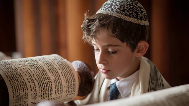 Young Jewish boy wearing a kippah and tallit reads from a Torah scroll
