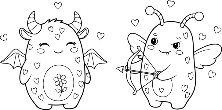 Cute love monster characters with hearts, wings, and cupid bow in kawaii black and white doodle style coloring page vector illustration