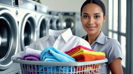 Smiling woman with laundry basket filled with colorful towels in laundromat, showcasing the joy of laundry day and cleanliness in a vibrant environment