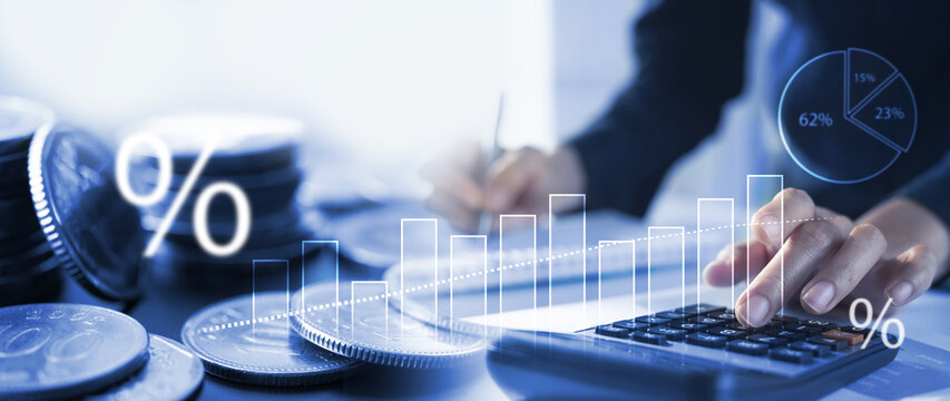 Business, finance, banking, accounting and investment background. Business woman calculating financial report, budget planning and tax calculation, loan management