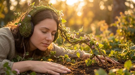 A woman immersed in nature, wears headphones adorned with plants, symbolizing harmony and connection, is lost in listening to the ambient sounds of nature.