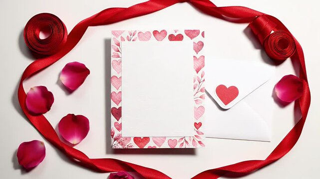 Valentine's Day Greeting Card Mockup - A blank greeting card with a heart border rests next to a white envelope sealed with a heart, surrounded by red ribbon and rose petals.