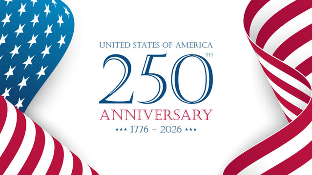 United States of America 250th anniversary celebration banner for USA Independence Day greetings and invitations. Waving American flag. Vector illustration.