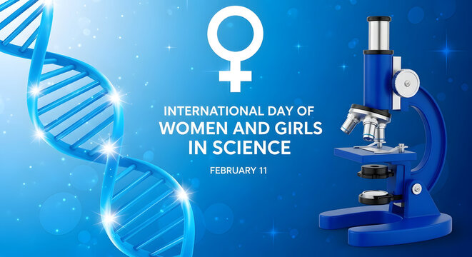 International day of women and girls in science poster with microscope on blue background