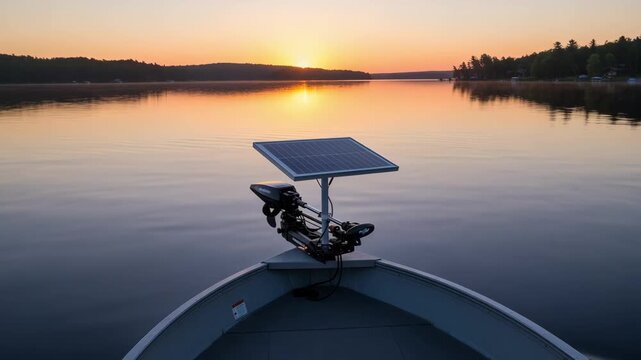 Medium shot of a solarpowered trolling motor mounted on a fishing boat gliding quietly over calm waters during sunrise.