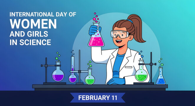 International day of women and girls in science laboratory worker with beakers and test tubes isolated on white background - Powered by Adobe