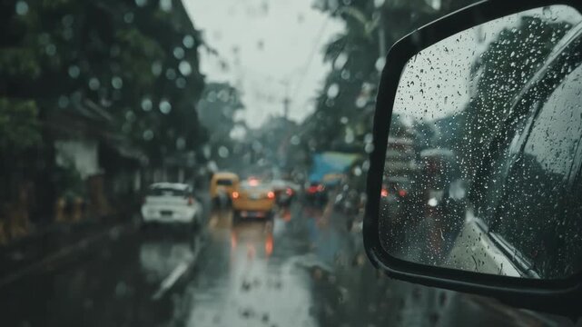 Medium shot of the driver adjusting mirrors while navigating a rainslick urban street raindrops softly visible on the car window with blurred traffic behind