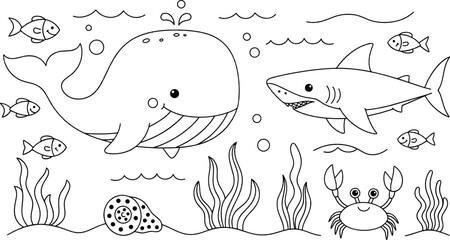 Cute ocean animals coloring page with whale, shark, fish, crab, and sea plants in black and white doodle vector style © MdNazmul