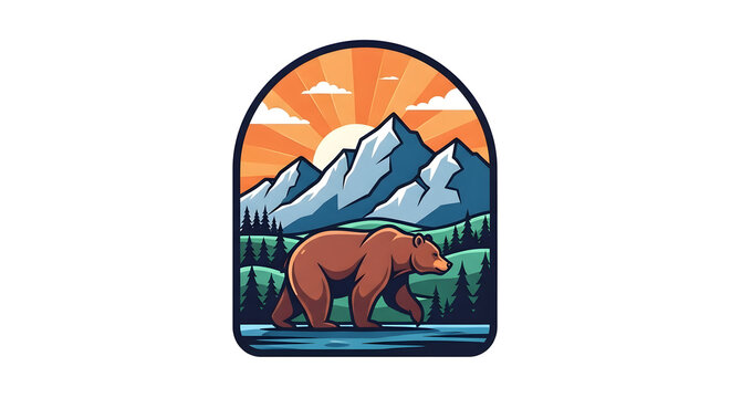 Stylized artistic emblem showcasing a majestic brown bear walking through a rugged mountain landscape under a glowing sunrise, hand-drawn flat vector illustration for wilderness branding.